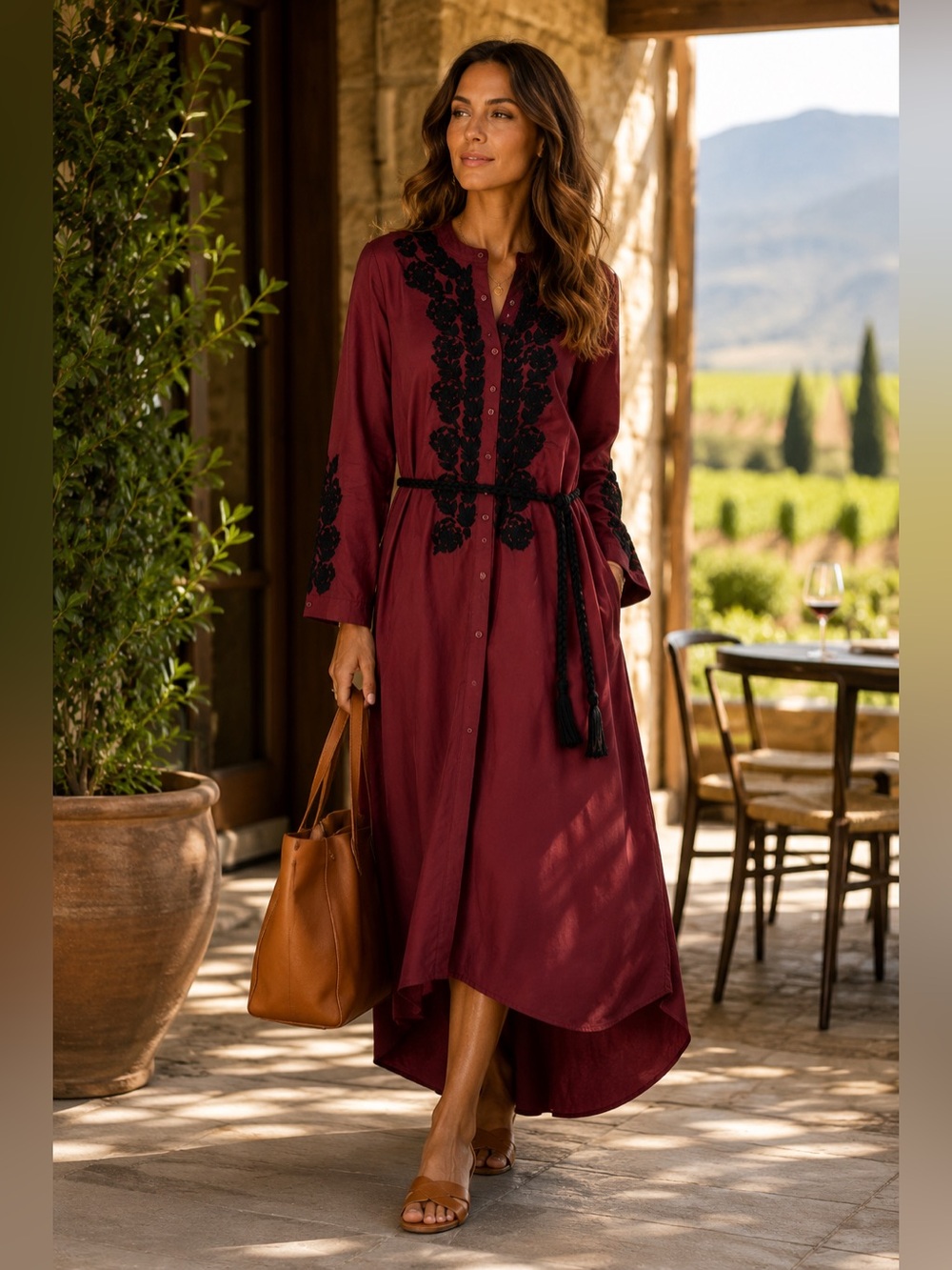 NWT Ex Voto Ivy Caftan Dress M Wine Black Embroidered Cotton Belted Boho $289